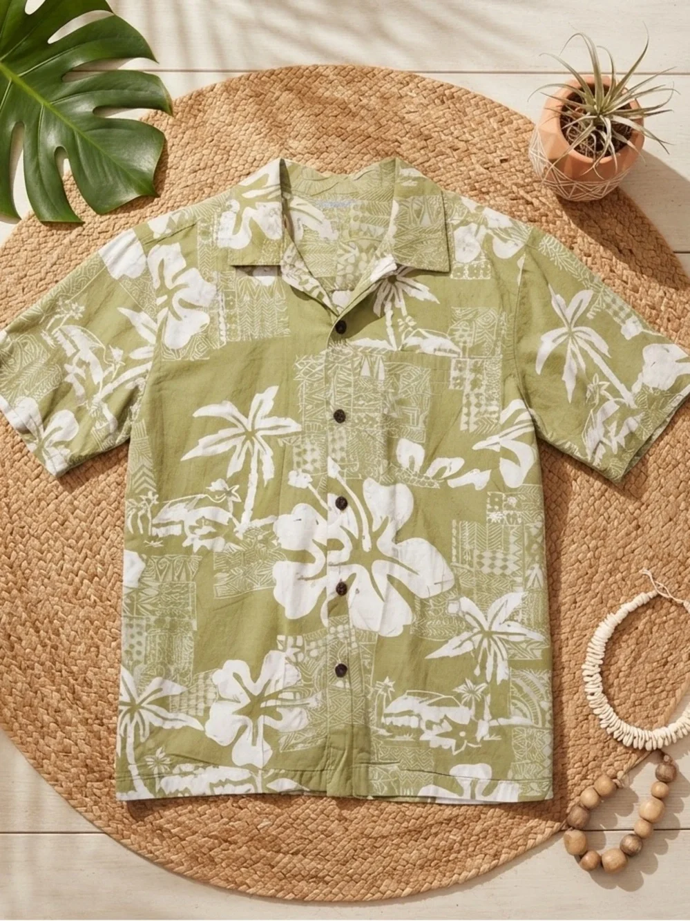 Hawaiian Vintage Style Boys Olive Sage Tropical Hibiscus Button Down Aloha Shirt